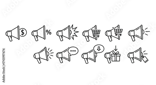 Drawn megaphone icons alert and announcement symbols for communication and marketing campaigns vector