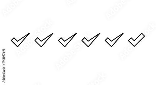 Set of six hand drawn check marks in a row for list completion and verification vector