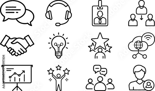 Set of icons representing communication, support, and networking