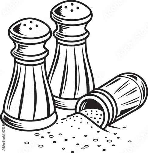 Salt and Pepper Shakers Vector Illustration – Classic Kitchen Seasoning Design with Spilled Salt