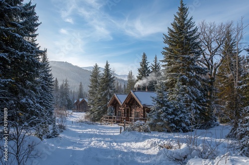 Winter trail bordered by tr...