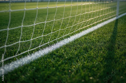 Goal net on a marked grassy...