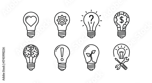 Hand drawn light bulb icons representing creative ideas solutions and brainstorming concepts vector