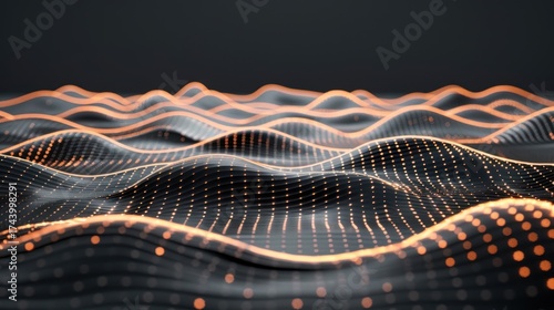 Futuristic Digital Wave Pattern with Glowing Dots and Lines in Dark Background