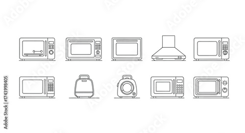 Collection of diverse microwave oven designs displayed in a clean white grid layout vector