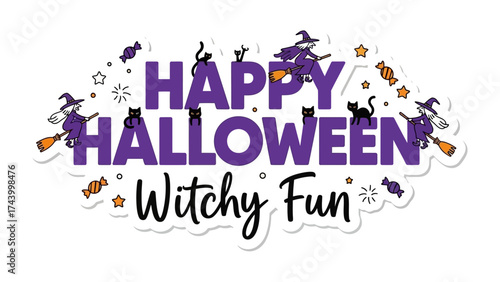 Happy Halloween: A vibrant Halloween themed illustration, featuring a whimsical design with friendly witches soaring on brooms.