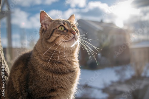Green-eyed tabby cat perche...