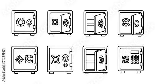 Collection of eight different bank safes and security chests in line art style vector