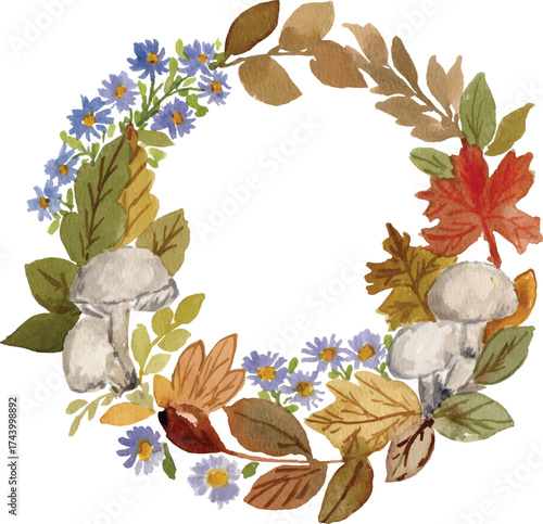 watercolor autumn mushroom, flower and leaf wreath illustration