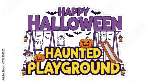Haunted Playground on Halloween: Spooky scene that brings a festive vibe on a playground filled with pumpkins and ghosts.