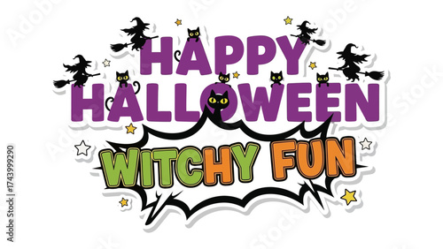 Happy Halloween: Whimsical Halloween illustration. The word Happy Halloween is prominently displayed in a vibrant, playful style, featuring bats and witches soaring against a backdrop.