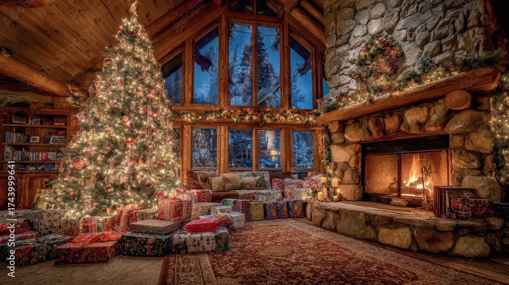 Fototapeta premium Log Cabin Living Room with Christmas Tree and Fireplace