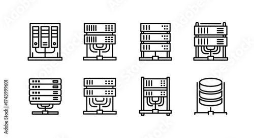 Server racks and database icons for data center and network infrastructure technology set vector