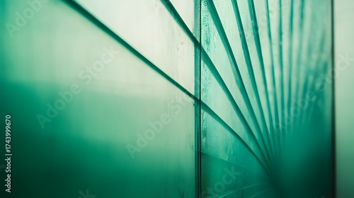 Abstract teal green glass wall with linear design architectural detail background