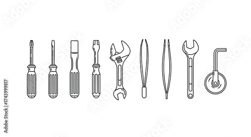 Collection of hand tools including screwdrivers and wrenches in sketch style vector