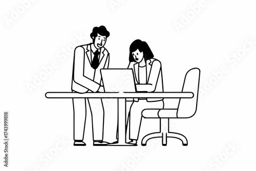 2 professional confident project managers collaborate to achieve business success, discuss commerce marketing strategy. Executive and intern engage in teamwork, candid discussion, use laptop computer