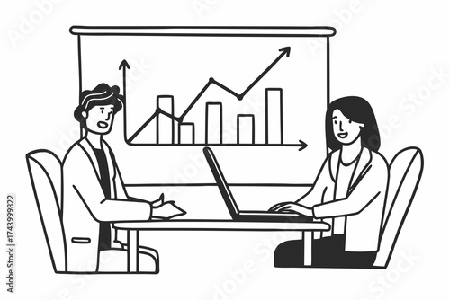 2 professional confident project managers collaborate to achieve business success, discuss commerce marketing strategy. Executive and intern engage in teamwork, candid discussion, use laptop computer