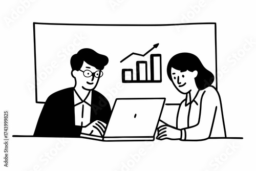 2 professional confident project managers collaborate to achieve business success, discuss commerce marketing strategy. Executive and intern engage in teamwork, candid discussion, use laptop computer