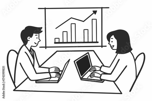 2 professional confident project managers collaborate to achieve business success, discuss commerce marketing strategy. Executive and intern engage in teamwork, candid discussion, use laptop computer