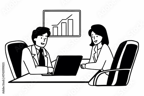 2 professional confident project managers collaborate to achieve business success, discuss commerce marketing strategy. Executive and intern engage in teamwork, candid discussion, use laptop computer