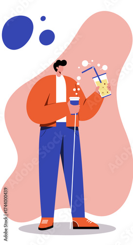 Casual man holding two drinks coffee and a refreshing beverage conveying modern lifestyle