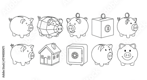 Hand drawn piggy bank and safe icons collection for financial savings and investment concepts vector