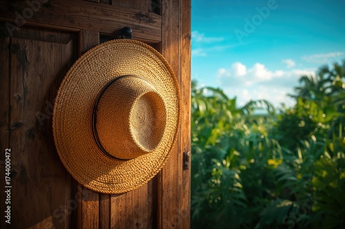 Summer straw hat on rustic ...