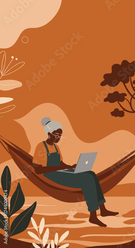 Senior woman working on laptop in a hammock embracing remote work and relaxed lifestyle outdoors