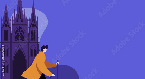 Man explores grand gothic cathedral active travel and historical discovery concept