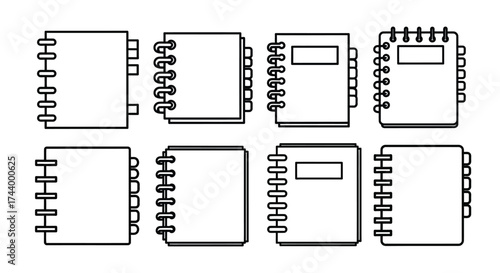 Collection of eight hand drawn spiral notebook icons in a simple line art style vector