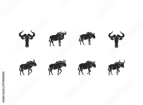 Set of Wildebeest Silhouettes and Heads.