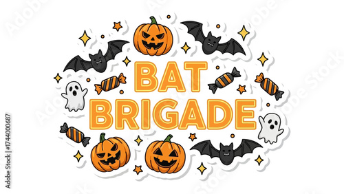 Halloween Bat Brigade: A charmingly spooky illustration of a Bat Brigade, featuring a collection of halloween theme elements: pumpkins, bats, ghosts and candy to celebrate the festive season.