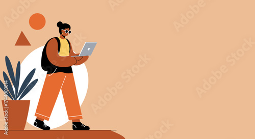 Person walking working on laptop Remote work freelance or digital nomad lifestyle concept