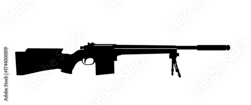 Silhouette of a sniper rifle with a bipod and suppressor.