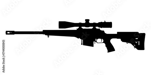 Silhouette of a sniper rifle with scope, black on white background.