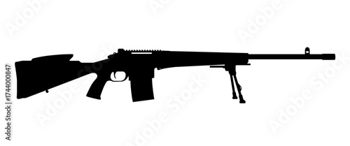 Silhouette of a sniper rifle with bipod and magazine, against a white background.