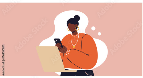 Black woman using smartphone and laptop Digital communication remote work modern lifestyle