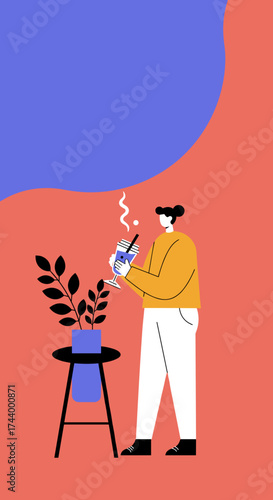Woman enjoying a refreshing drink at home embracing a relaxed modern lifestyle