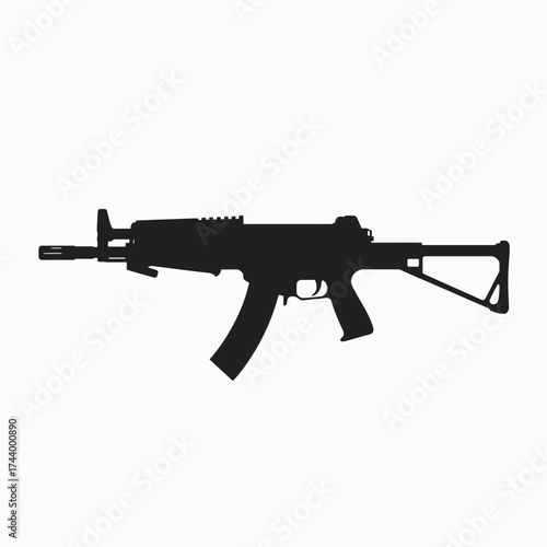 Silhouette of a modern assault rifle with a folding stock and curved magazine.