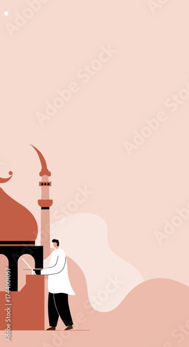 Modern Muslim man with laptop near mosque symbolizing technology faith and lifestyle