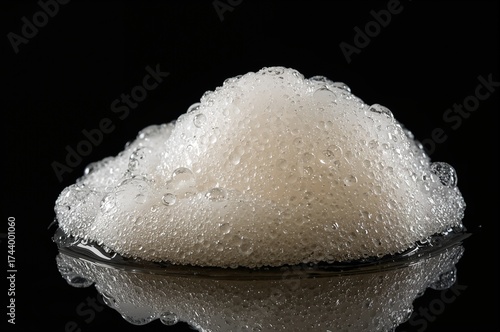 Creamy white facial foam with bubbles and sponge on a dark background