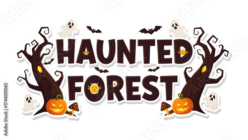 Haunted Forest: A vibrant and spooky illustration capturing the essence of Halloween, featuring eerie trees, ghostly apparitions, and a jack-o'-lantern in a captivating design.