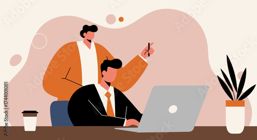 Businessmen collaborating on a laptop discussing a project in a modern office setting