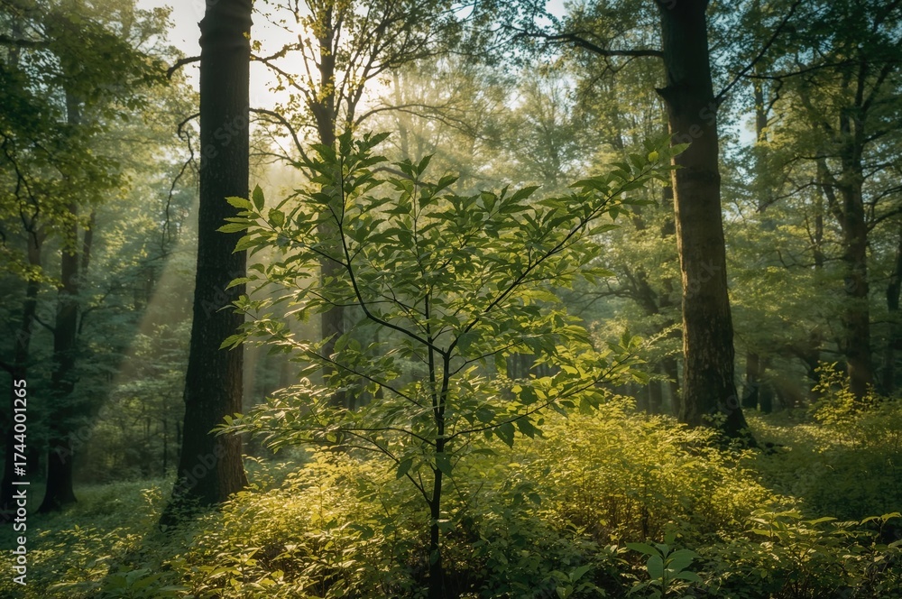 Obraz premium Fresh linden foliage awakens in a sunlit spring woodland following the cold season.