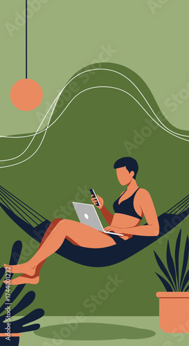 Woman in hammock working remotely with laptop and phone embracing relaxed digital nomad lifestyle