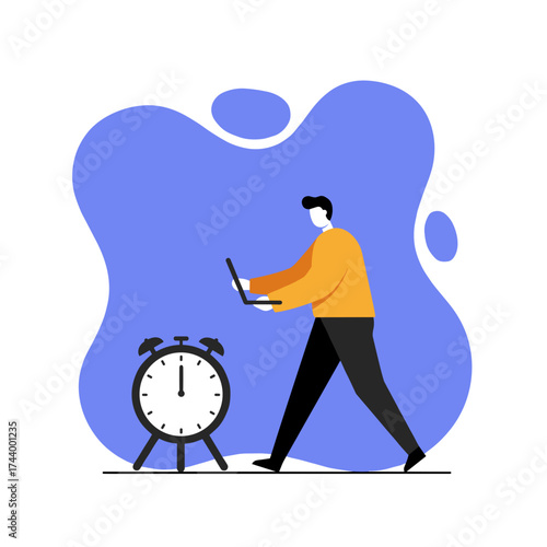 Person with laptop walks by alarm clock symbolizing time management and productivity in business