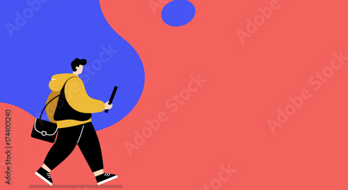 Modern minimalist illustration young person walking with a bag Education travel lifestyle