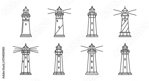 Collection of hand drawn lighthouse icons nautical maritime coastal navigation symbols set vector