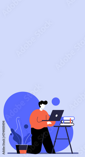 Person working remotely on laptop studying with books Modern flat design illustration