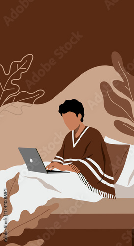 Person working remotely from bed on a laptop embodying comfort and productivity at home
